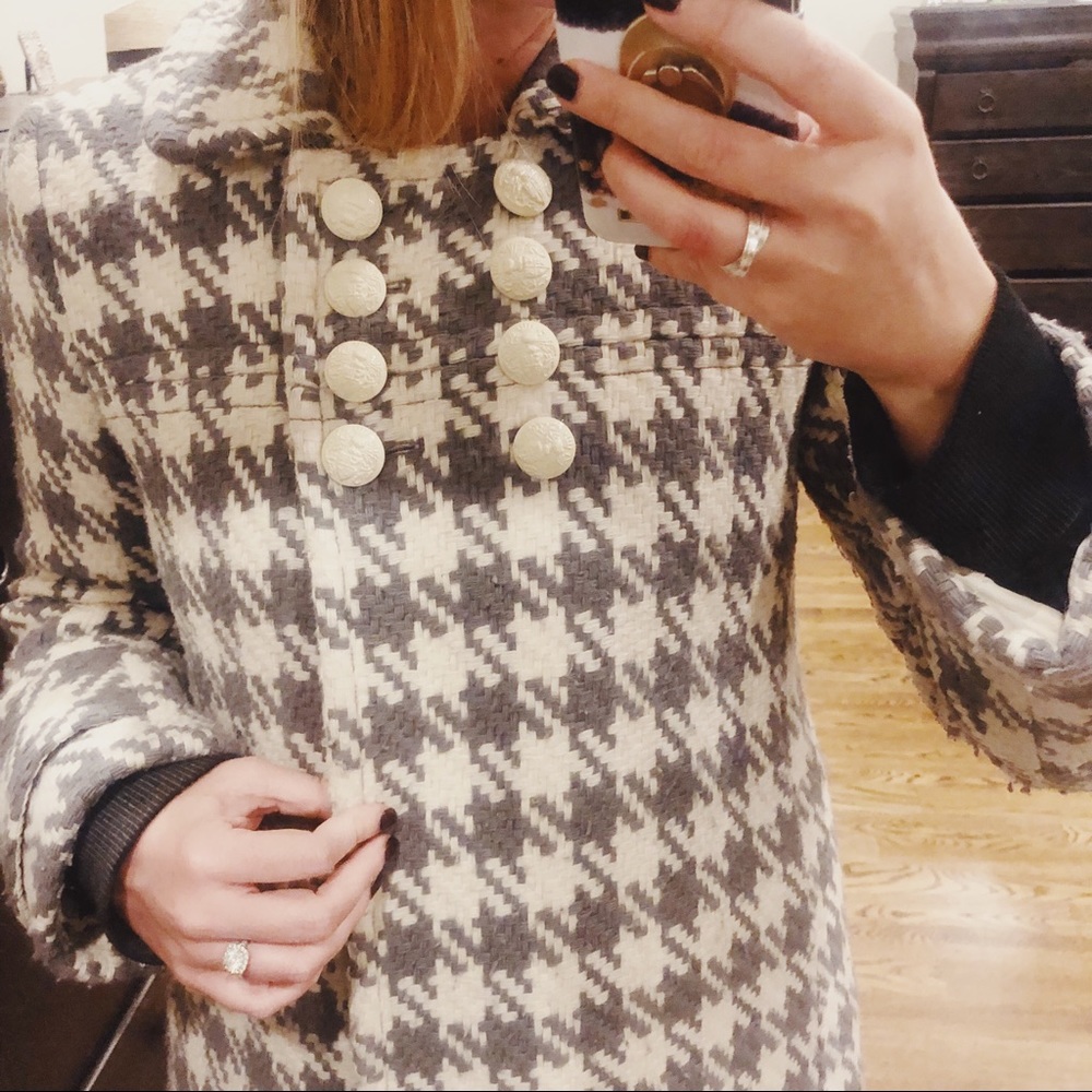 J. Crew Wool Houndstooth Grey/Cream Greta Peacoat